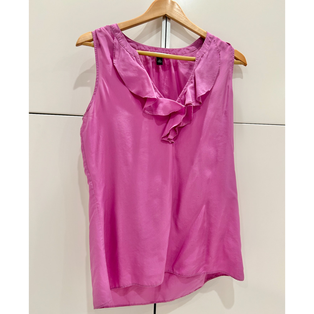 Banana Republic 100% Silk Ruffle V-Neck Blouse Top Sleeveless Purple Pink Sz M